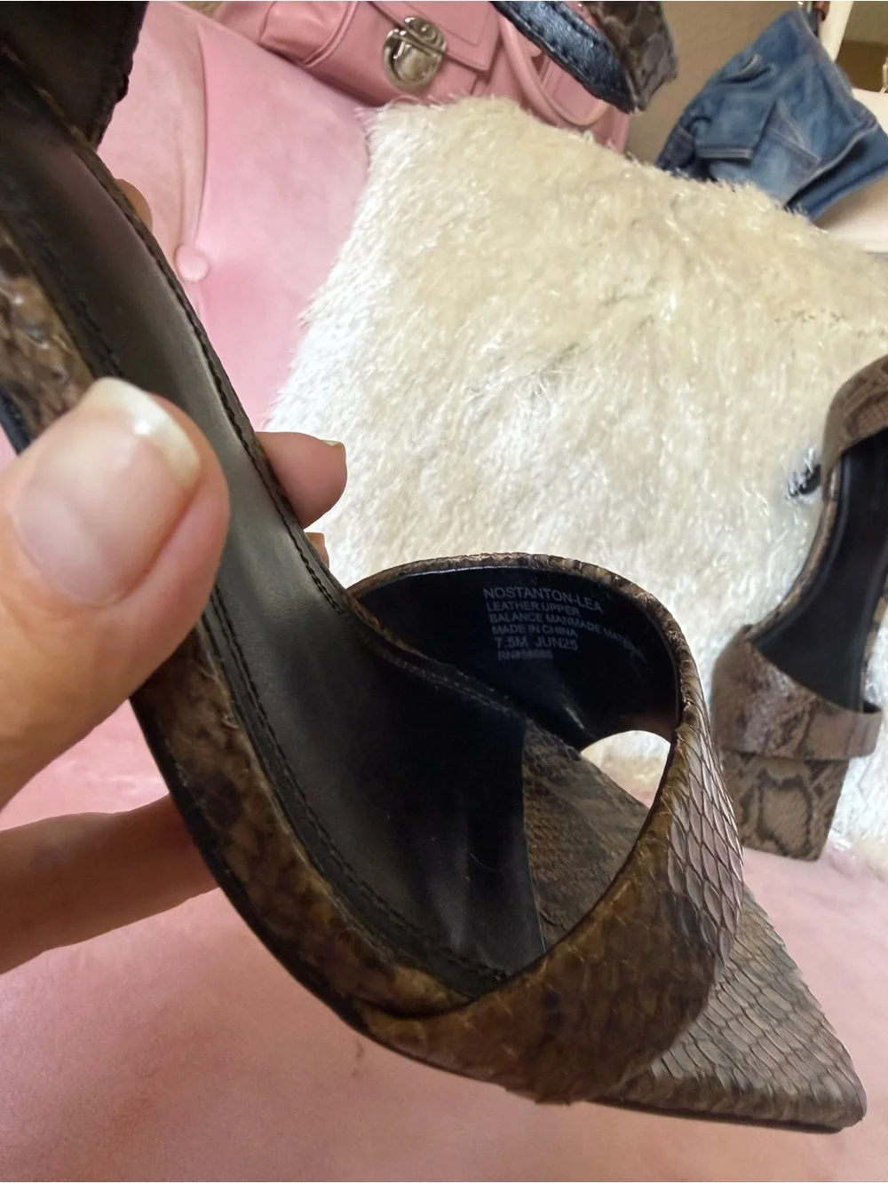 NORDSTROM Women's Brown & Black Snake-Print Leather Ankle Strap Heels. Size 7.5